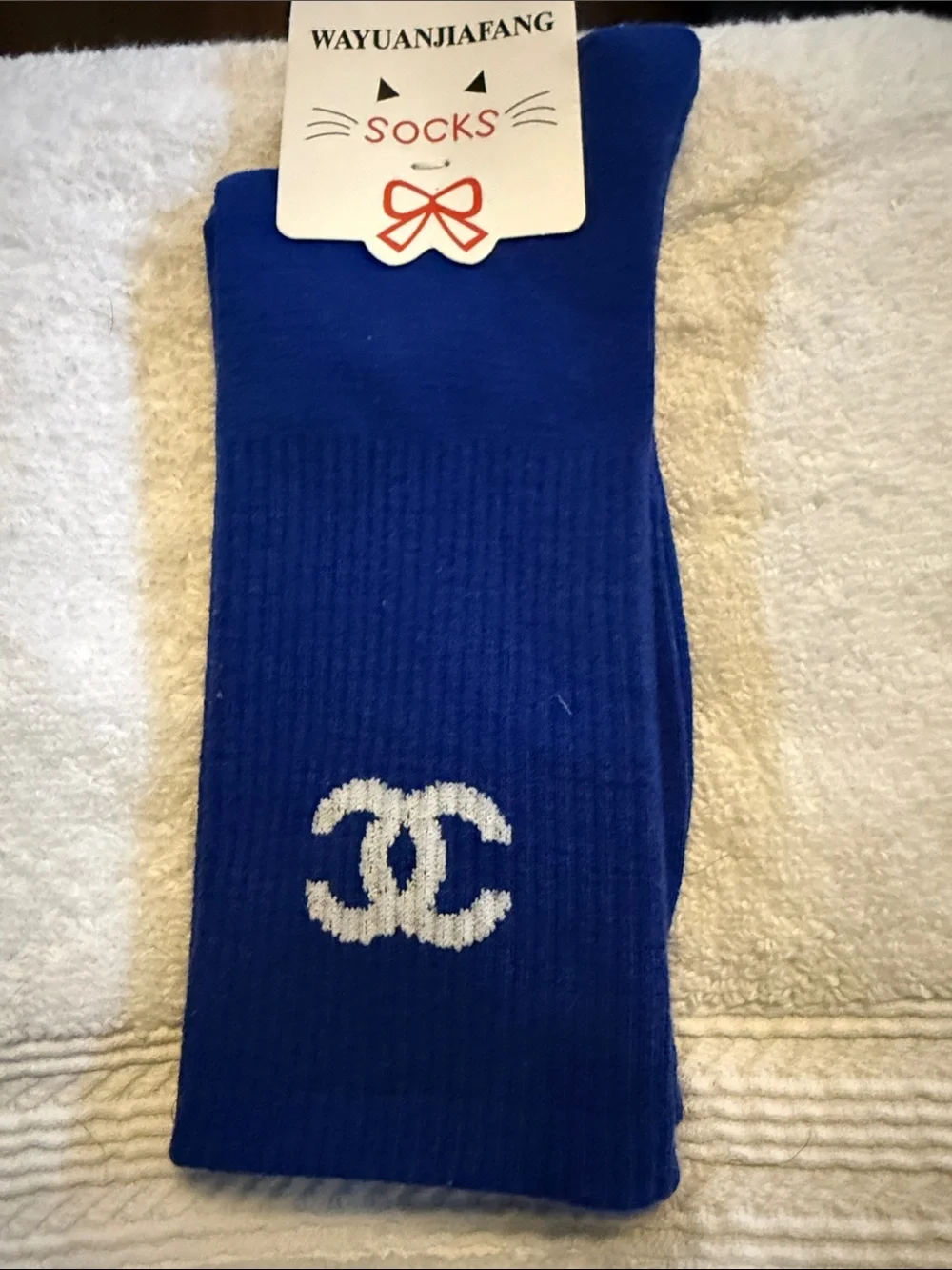 Blue Women's Crew Socks with White Logo